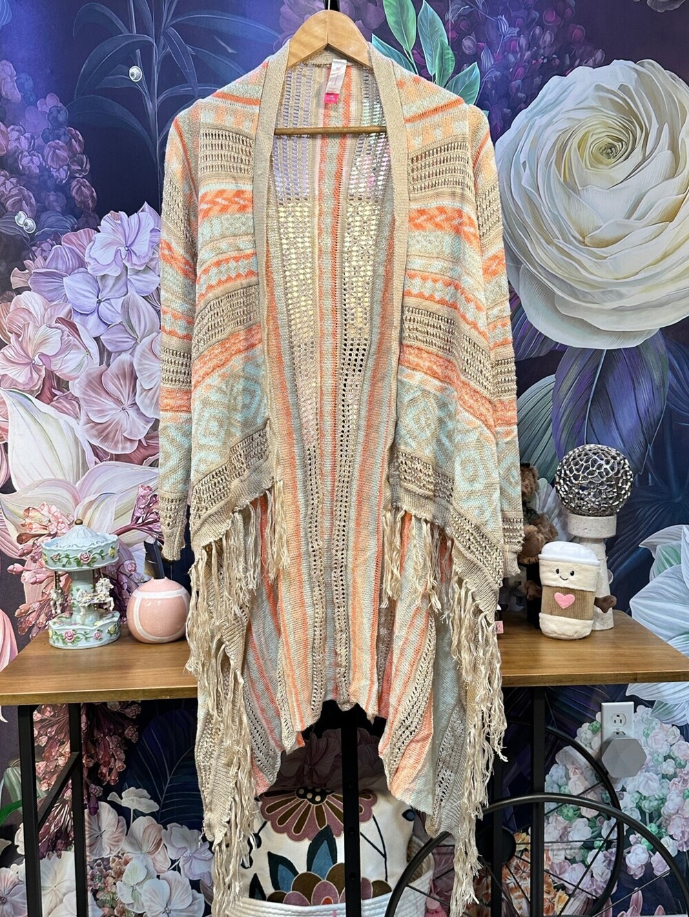 No Boundaries L/G Cardigan Boho Chic Festival Hippie Folk Crochet Fringe Trim